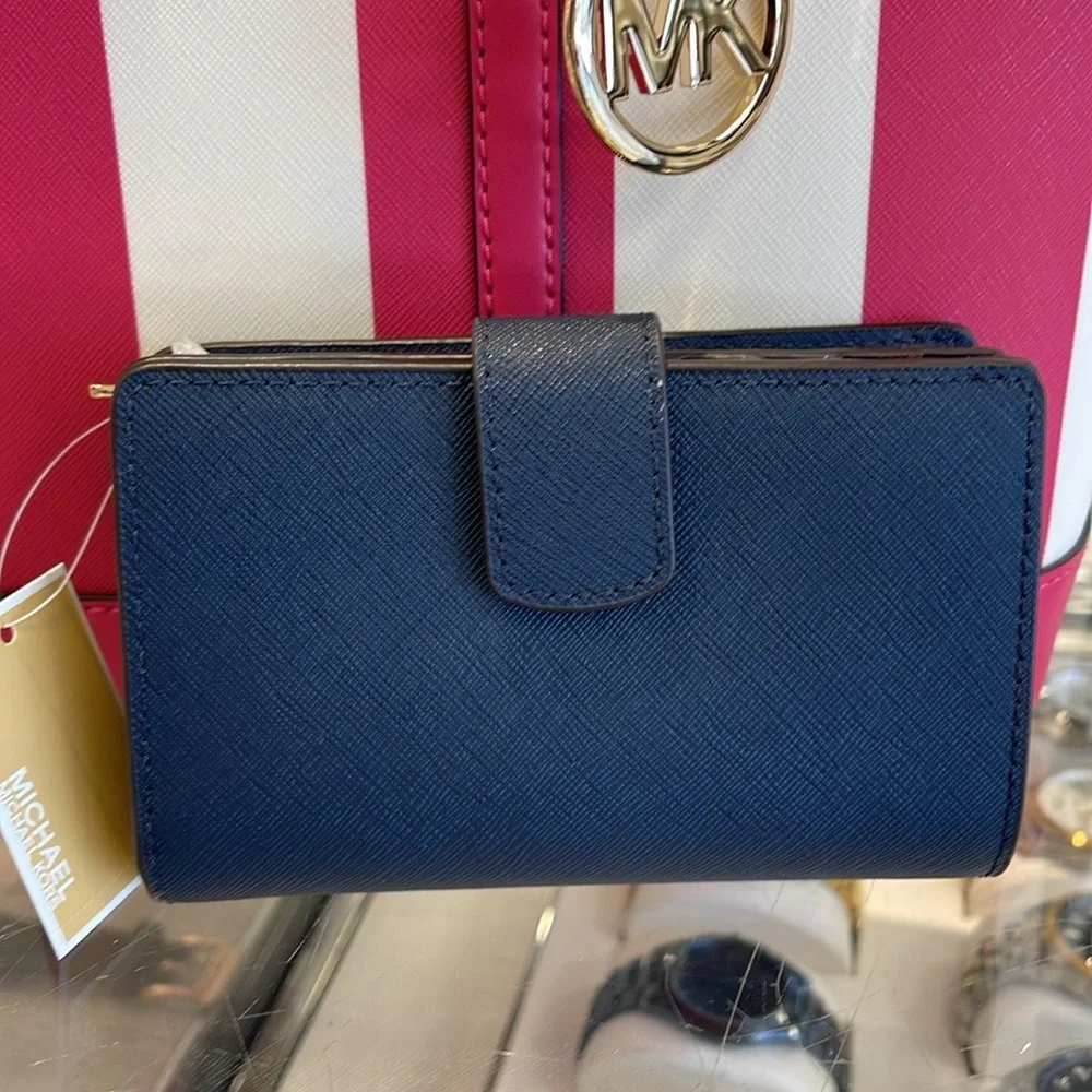 MICHAEL KORS Medium Jet Set Travel Crossgrain Leather Bifold Zip Wallet Navy NWT